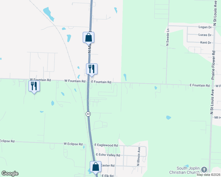 map of restaurants, bars, coffee shops, grocery stores, and more near 390 East Fountain Road in Joplin