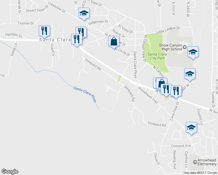 map of restaurants, bars, coffee shops, grocery stores, and more near Cottonwood Circle in Santa Clara