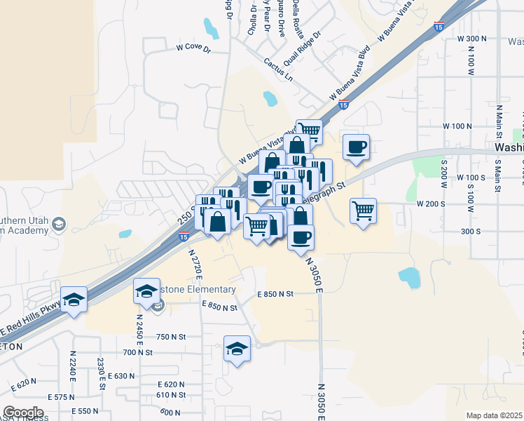map of restaurants, bars, coffee shops, grocery stores, and more near 880 West Red Cliffs Drive in Washington