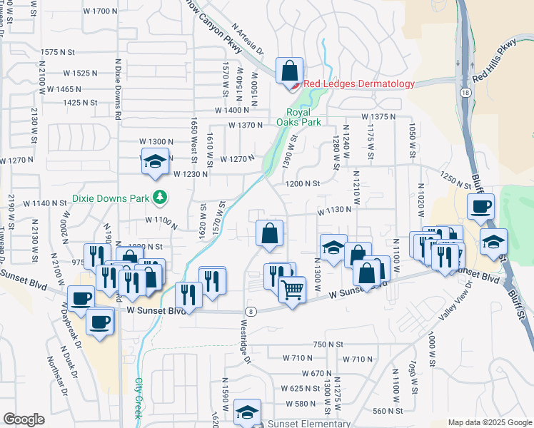 map of restaurants, bars, coffee shops, grocery stores, and more near 1075 1400 West Street in St. George