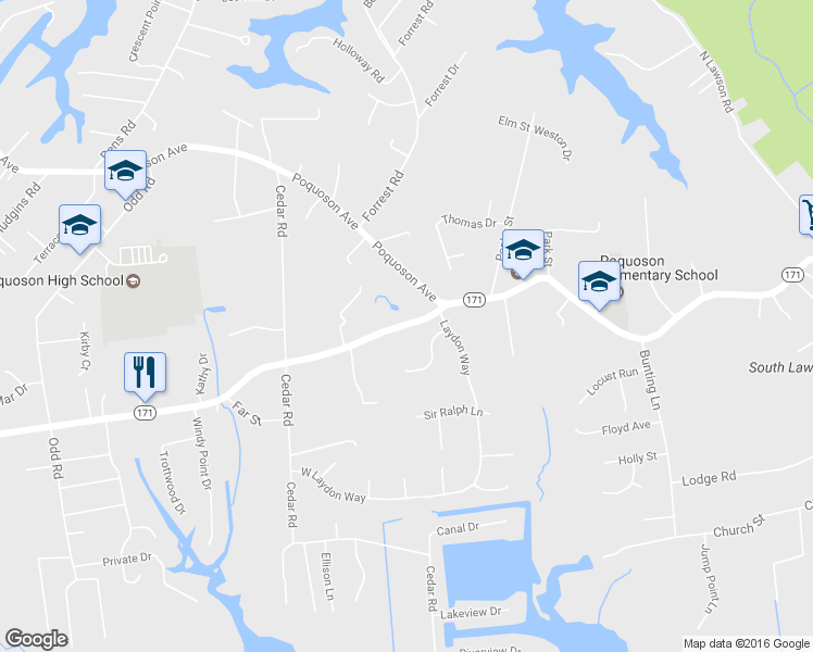 map of restaurants, bars, coffee shops, grocery stores, and more near 330 Little Florida Road in Poquoson
