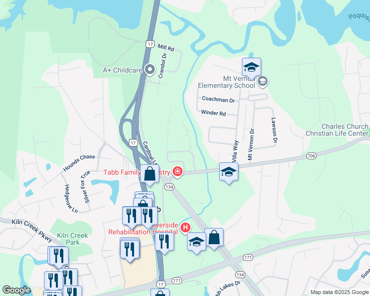 map of restaurants, bars, coffee shops, grocery stores, and more near 107 Brook Run in Yorktown