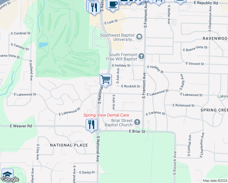 map of restaurants, bars, coffee shops, grocery stores, and more near 1250 East Rockhill Street in Springfield
