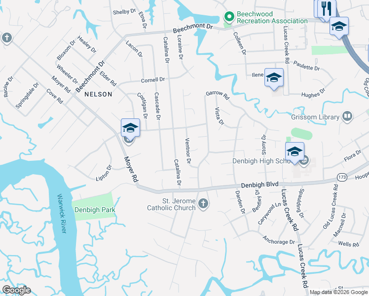 map of restaurants, bars, coffee shops, grocery stores, and more near 831 Ventnor Drive in Newport News