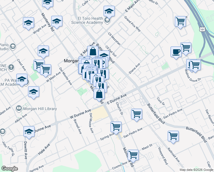 map of restaurants, bars, coffee shops, grocery stores, and more near 85 West 5th Street in Morgan Hill
