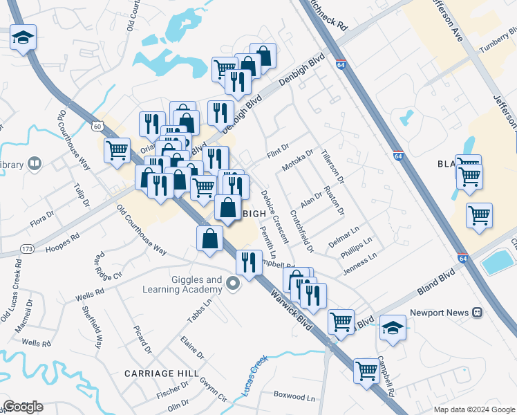 map of restaurants, bars, coffee shops, grocery stores, and more near 14306 Penrith Lane in Newport News