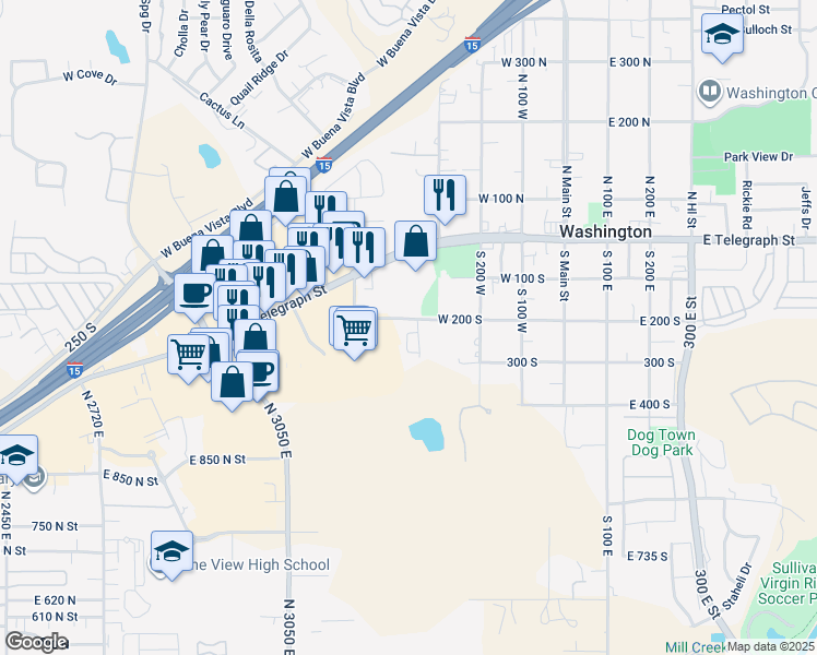 map of restaurants, bars, coffee shops, grocery stores, and more near 102 South 355 West in Washington