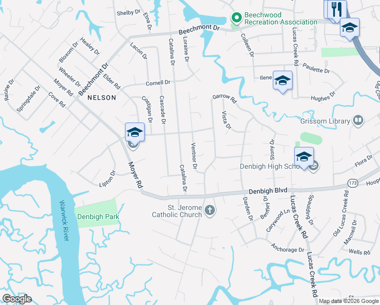 map of restaurants, bars, coffee shops, grocery stores, and more near 831 Ventnor Drive in Newport News