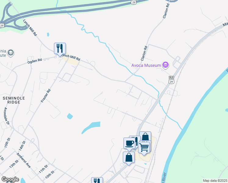 map of restaurants, bars, coffee shops, grocery stores, and more near 308 Valley View Drive in Altavista
