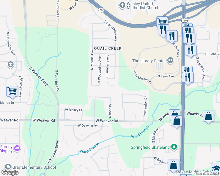 map of restaurants, bars, coffee shops, grocery stores, and more near 4720-4738 South Turnberry Avenue in Springfield