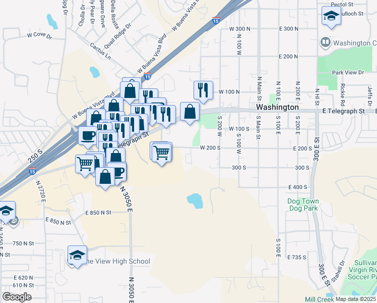 map of restaurants, bars, coffee shops, grocery stores, and more near 355 West 200 South in Washington