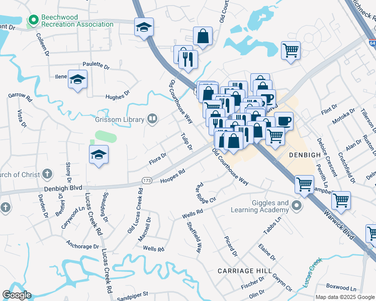 map of restaurants, bars, coffee shops, grocery stores, and more near 803 Tulip Drive in Newport News