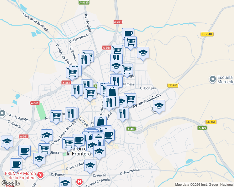 map of restaurants, bars, coffee shops, grocery stores, and more near 8 Calle Legazpi in Morón de la Frontera
