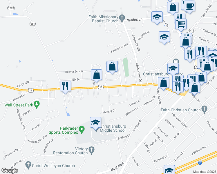 map of restaurants, bars, coffee shops, grocery stores, and more near 785 Radford St in Christiansburg