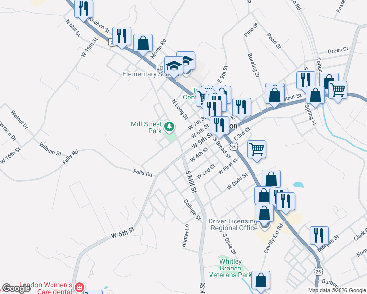 map of restaurants, bars, coffee shops, grocery stores, and more near 116 North Mill Street in London