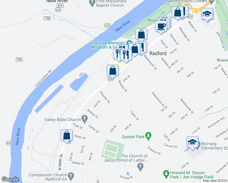 map of restaurants, bars, coffee shops, grocery stores, and more near 912 2nd Street in Radford