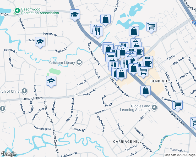 map of restaurants, bars, coffee shops, grocery stores, and more near 803 Tulip Drive in Newport News