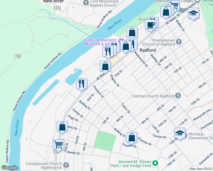 map of restaurants, bars, coffee shops, grocery stores, and more near 912 2nd Street in Radford