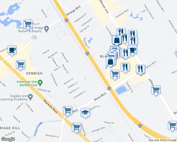 map of restaurants, bars, coffee shops, grocery stores, and more near 162 Delmar Lane in Newport News