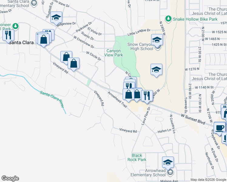 map of restaurants, bars, coffee shops, grocery stores, and more near 2428 Santa Clara Drive in Santa Clara
