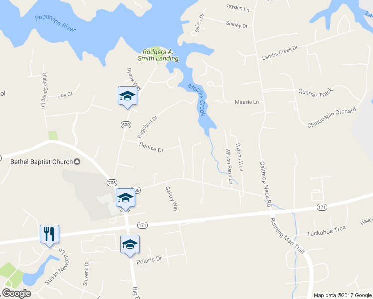 map of restaurants, bars, coffee shops, grocery stores, and more near 108 Sanctuary Cove in Yorktown