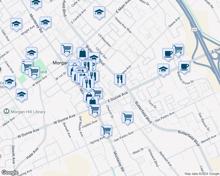 map of restaurants, bars, coffee shops, grocery stores, and more near 17092 Depot Street in Morgan Hill