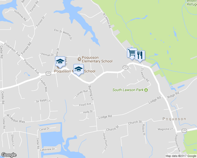map of restaurants, bars, coffee shops, grocery stores, and more near 1068 Poquoson Avenue in Poquoson