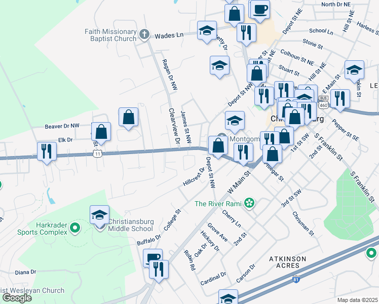 map of restaurants, bars, coffee shops, grocery stores, and more near 306 Radford Street in Christiansburg