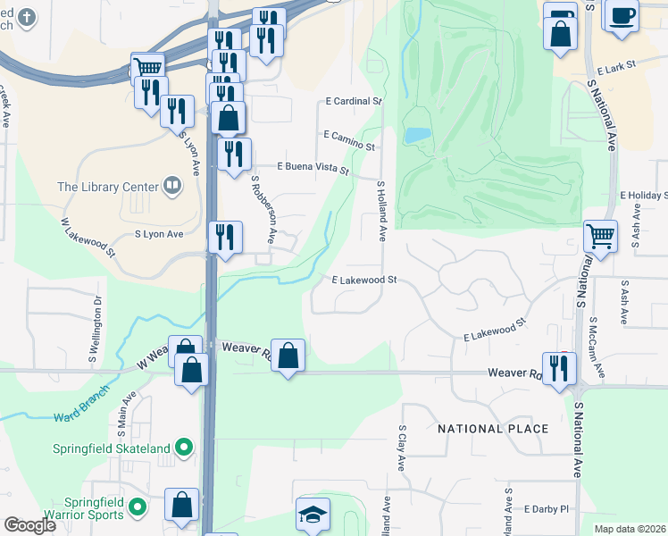 map of restaurants, bars, coffee shops, grocery stores, and more near 555 East Lakewood Place in Springfield