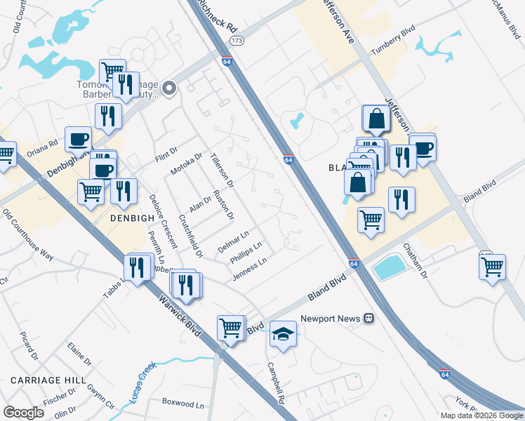 map of restaurants, bars, coffee shops, grocery stores, and more near 155 Delmar Lane in Newport News