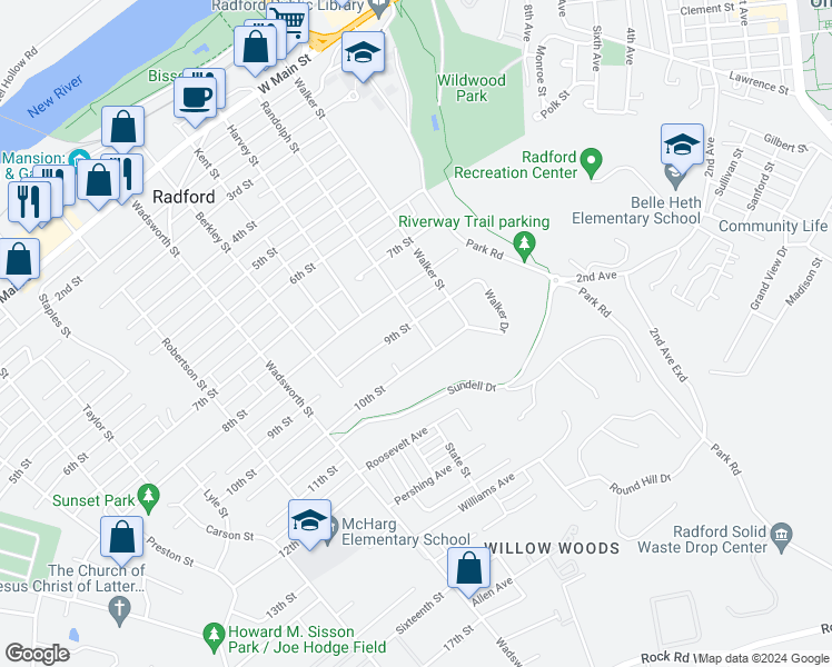 map of restaurants, bars, coffee shops, grocery stores, and more near 900 Randolph Street in Radford