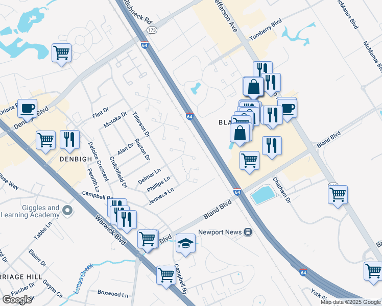 map of restaurants, bars, coffee shops, grocery stores, and more near 159 Delmar Lane in Newport News