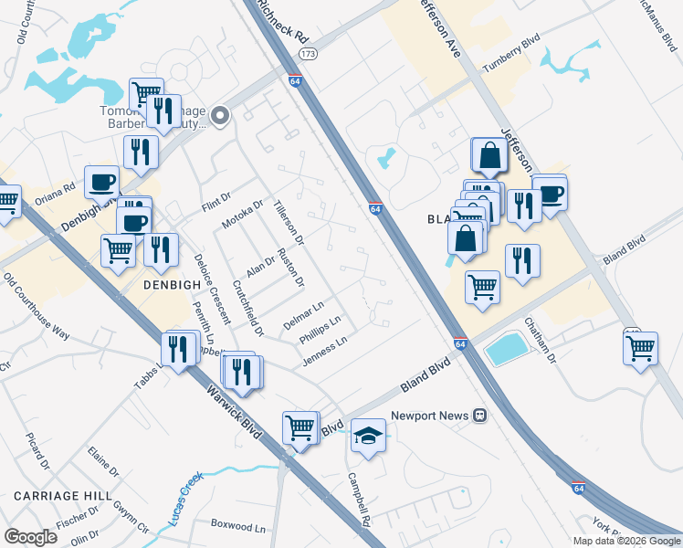 map of restaurants, bars, coffee shops, grocery stores, and more near 155 Delmar Lane in Newport News