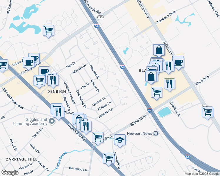 map of restaurants, bars, coffee shops, grocery stores, and more near 155 Delmar Lane in Newport News