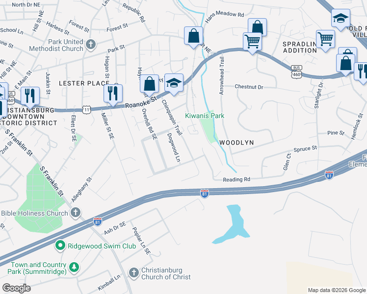 map of restaurants, bars, coffee shops, grocery stores, and more near 340 Dogwood Lane in Christiansburg