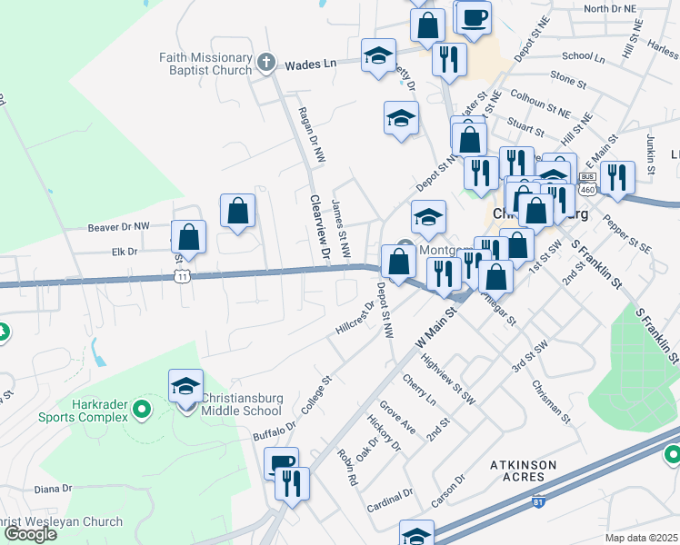 map of restaurants, bars, coffee shops, grocery stores, and more near 355 Radford Street in Christiansburg