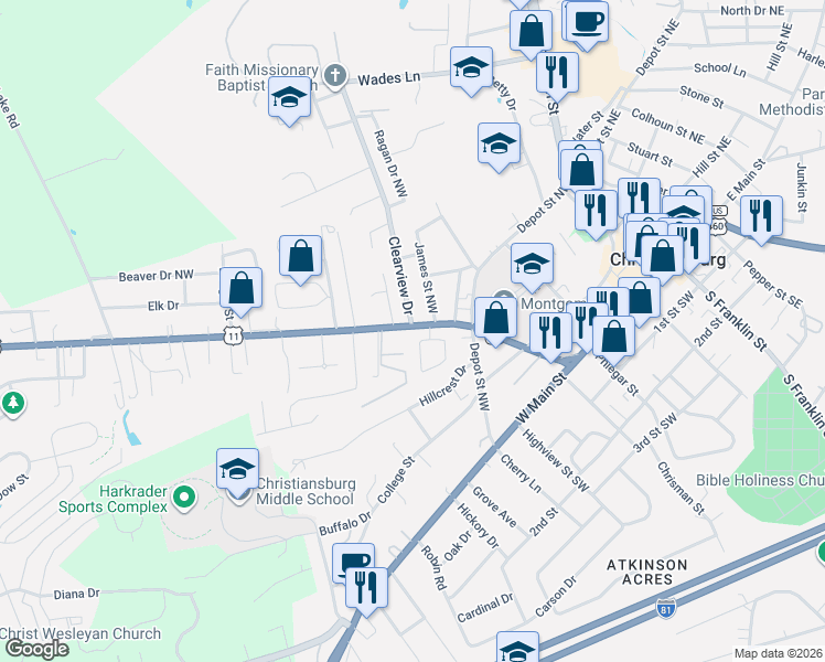 map of restaurants, bars, coffee shops, grocery stores, and more near 409 Lee Highway in Christiansburg