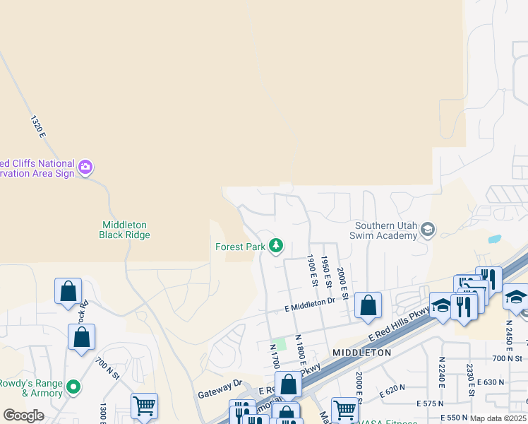 map of restaurants, bars, coffee shops, grocery stores, and more near 1761 East 1150 North in St. George