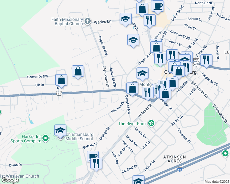 map of restaurants, bars, coffee shops, grocery stores, and more near 306 Radford Street in Christiansburg