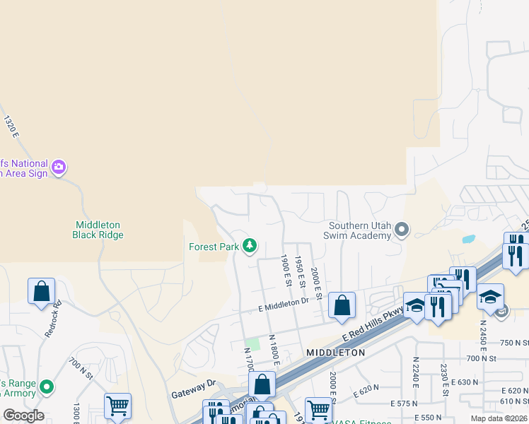 map of restaurants, bars, coffee shops, grocery stores, and more near 1185 Wrigley Circle in St. George
