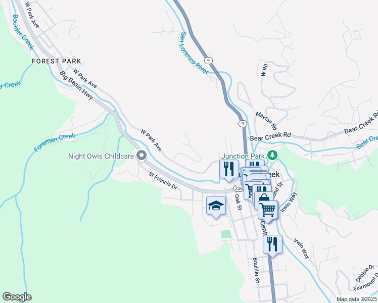 map of restaurants, bars, coffee shops, grocery stores, and more near 13756 West Park Avenue in Boulder Creek