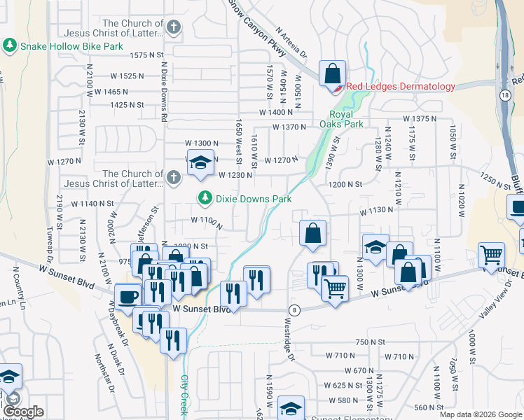 map of restaurants, bars, coffee shops, grocery stores, and more near 1149 North 1570 West in St. George