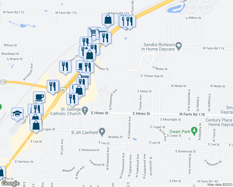 map of restaurants, bars, coffee shops, grocery stores, and more near 725 North Windmill Place in Republic