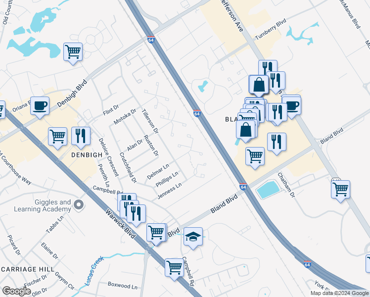 map of restaurants, bars, coffee shops, grocery stores, and more near 151 Delmar Lane in Newport News