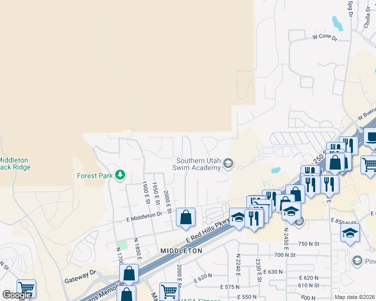 map of restaurants, bars, coffee shops, grocery stores, and more near 2031 East Colorado Drive in St. George