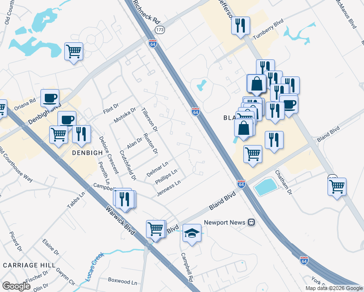 map of restaurants, bars, coffee shops, grocery stores, and more near 151 Delmar Lane in Newport News
