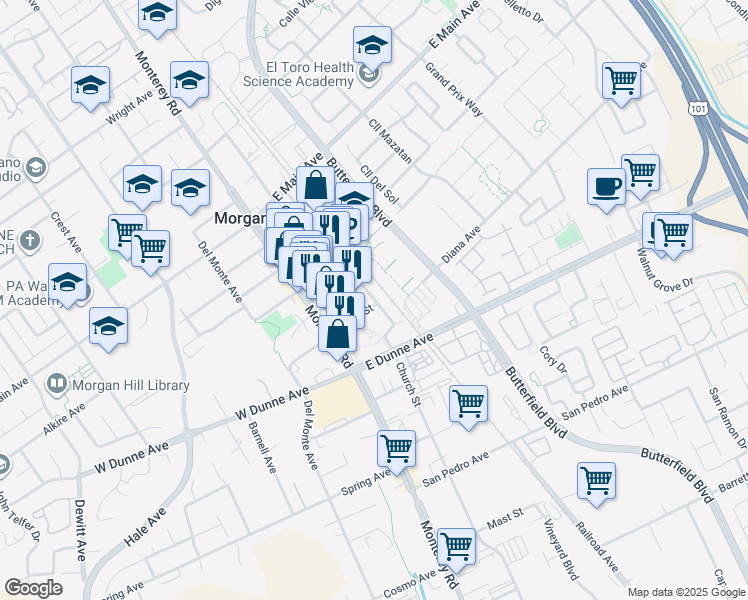 map of restaurants, bars, coffee shops, grocery stores, and more near 17106 Depot Street in Morgan Hill