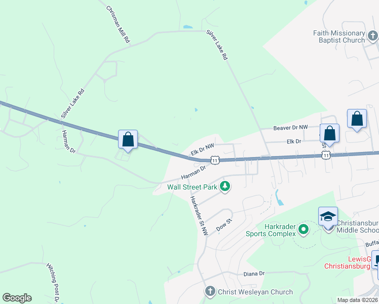 map of restaurants, bars, coffee shops, grocery stores, and more near 1375 Elk Drive Northwest in Christiansburg