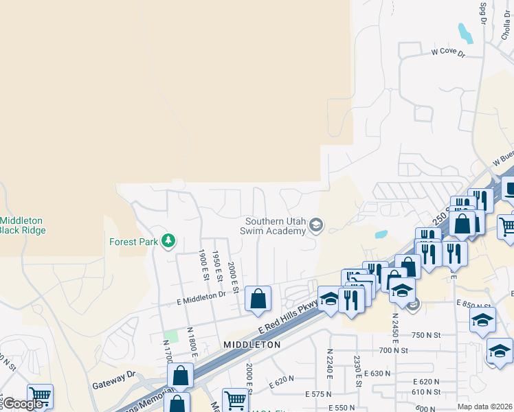 map of restaurants, bars, coffee shops, grocery stores, and more near 1170 North 2010 East in St. George