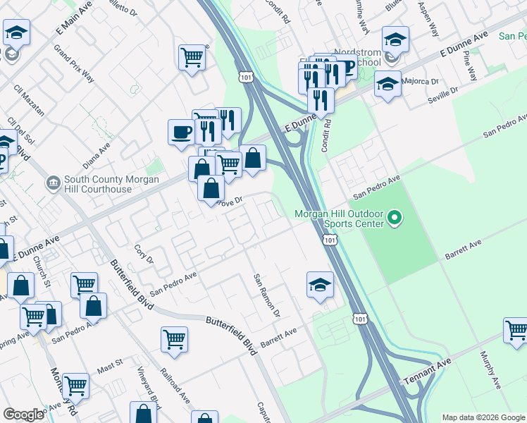 map of restaurants, bars, coffee shops, grocery stores, and more near 16785 San Dimas Lane in Morgan Hill